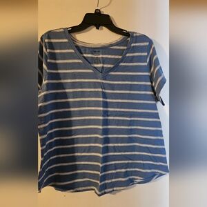 Blue and White Striped V-Neck T-Shirt